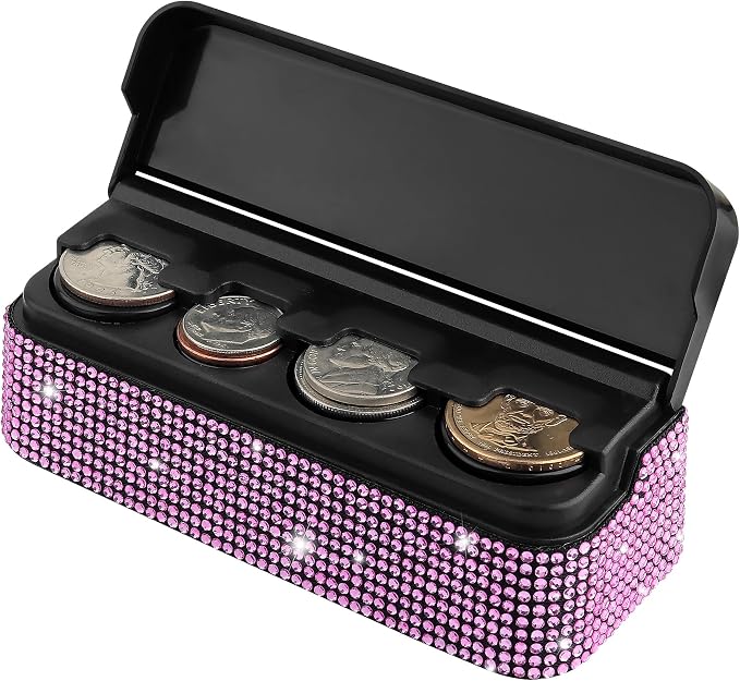 carleef Bling Coin Holder for Car,4 Compartment Car Organizers and Storage with Rhinestones Compatible with Quarter/Nickel/Pennies/Dimes,Universal Coin Organizer for Car Truck SUV (Pink)