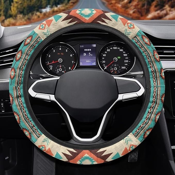 Southwest Aztec Beige Cyan Auto Steering Wheel Cover for Women Men, Universal 15 Inch Soft Elastic Steering Wheel Wrap Anti-Slip Easy to Install Car Accessories