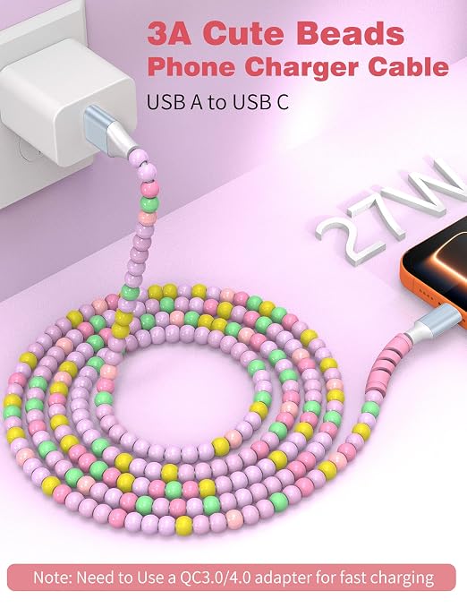 USB A to USB C Cable 6FT,Beaded Charger Cord for iPhone 17 16 Pro Max 17e 16e 15 Car Play,Type C Cute Car Charger Cord for iPad 10 11th/Samsung S26 S25 Ultra S24/Android Phone Girls Women,Pink-Green