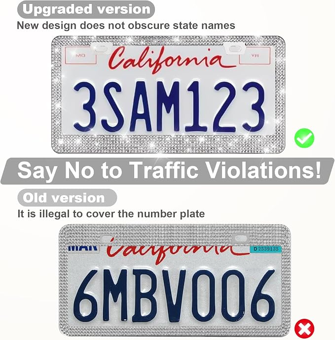 2 Pack Bling License Plate Frames for Women, Sparkly Rhinestone Diamond Car Accessories with Glitter Crystal Caps (Silver)