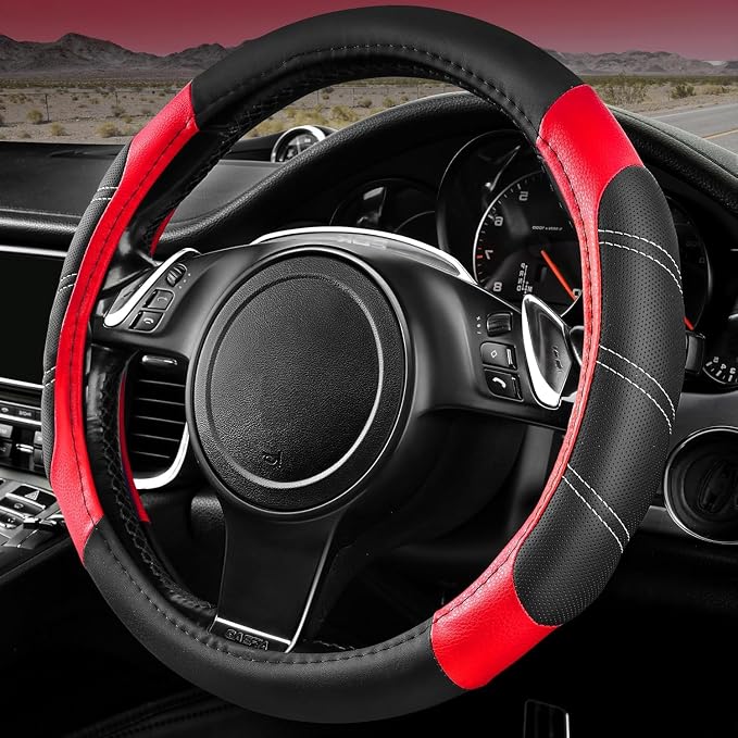 Line Rider Microfiber Leather Sporty Steering Wheel Cover Universal Fits for 95% Truck,SUV,Cars,14.5-15inch Anti-Slip Safety Comfortable Desgin (Black-Red)