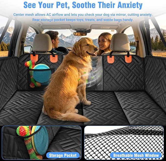 Megadream Dog Car Seat Cover Hard Bottom Back Seat Extender for Dogs 260LBS | Waterproof Scratch Resistant Rear Seat Pet Hammock with Mesh Window, Universal Fit for Sedan SUV Pickup Truck