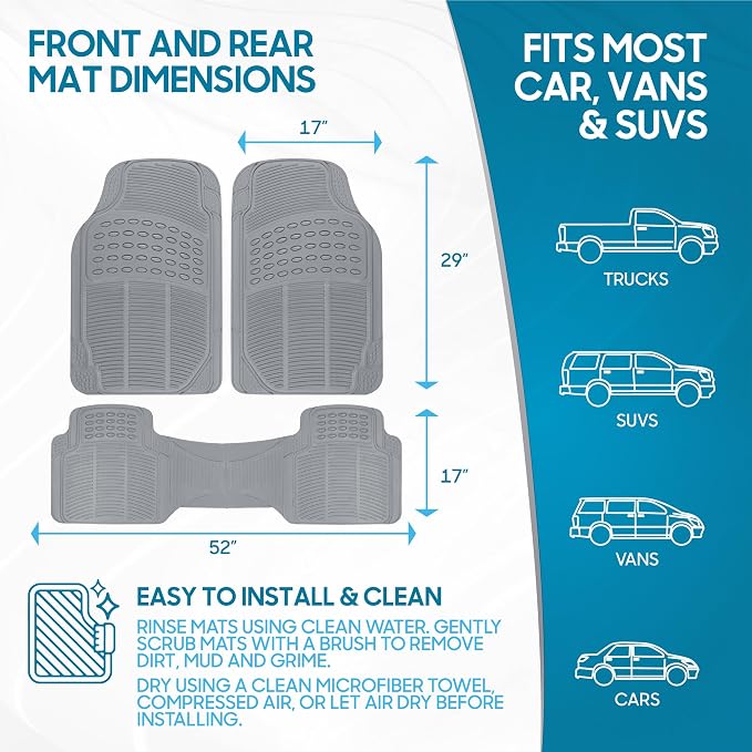 ProLiner Car Floor Mats for Cars Trucks SUV, 3-Piece All-Weather Heavy Duty Rubber Liners with Universal Trimmable Fit, Durable Waterproof Vehicle Auto Floor Mats with Capture Ridges Gray