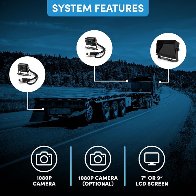 FalconEye 1080p Wired Backup Camera: 140° Wide Angle Rear View, 50ft IR Night Vision, 7” or 9” LCD Monitor, Loop Recording & G-Sensor - Stable, IP68 Weatherproof HD Dash Cam Monitoring System