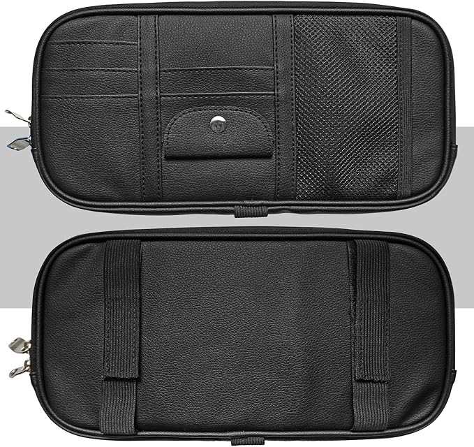 Car Sun Visor Organizer, Multi-Pocket Visor Organizer Storage Pouch for Cars, SUVs & Trucks with Double Zippers, Elastic Bands & Glasses Clip - Organizes Essentials Keep Tidy (Black)