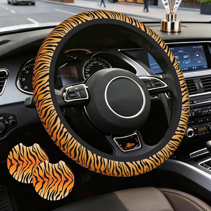 Tiger Stripes Steering Wheel Cover with 2 PCS Cup Coasters for Car,Animal Skin 15 Inch Non-Slip Neoprene Steering Wheel Covers,Breathable Car Accessories Fit for Men Women