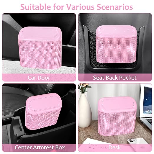 Bling Pink Car Trash Can with Lid, Mini Auto Garbage Storage Bin with 60 Trash Bags, Small Car Garbage Container Bin, Sparkling Crystal Vehicle Dustbin for Front Back Seat Accessories for Cars