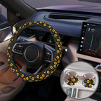 Yellow Sunflower Steering Wheel Cover for Women, Anti-Slip Car Steering Wheel Cover with 2 Pcs Cup Holders Neoprene Breathable Car Accessories Universal 15 Inch Auto Interior Decor