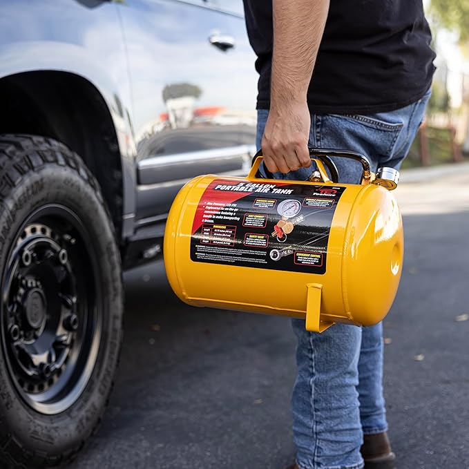 30010L 5 Gallon Air Tank, Portable Air Tank, 125 PSI Maximum Pressure, Horizontal Air Compressor Tank, 1/4" NPT 40 Inch Industrial Hose & Chuck, 140 PSI Safety Valve