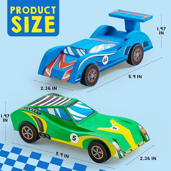4 DIY Wooden Race Cars-Build & Paint Your Own Wood Craft Kit, 4 Race Cars Toy, Easy to Assemble Arts Crafts Kit, Birthday Party Presents for Kids Boys and Girls