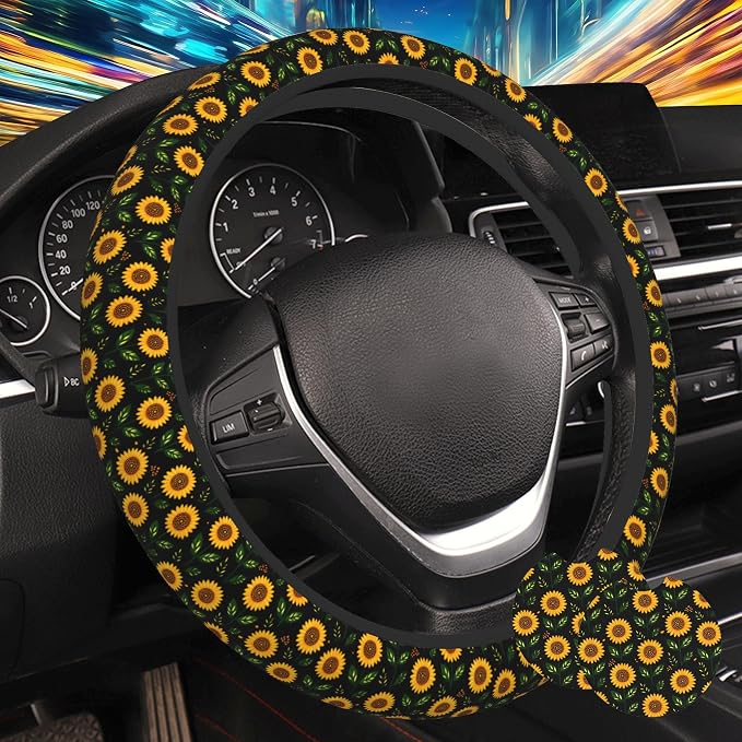 Yellow Sunflower Steering Wheel Cover for Women, Anti-Slip Car Steering Wheel Cover with 2 Pcs Cup Holders Neoprene Breathable Car Accessories Universal 15 Inch Auto Interior Decor