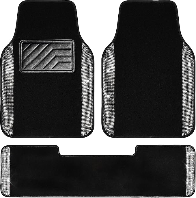 Bling Diamond Car Mats Shining Carpet Crystal Rhinestones Sparkly Glitter Floor Mats with Anti-Slip PVC Heel Pad Universal for Automotive SUV, Sedan, Van, 3pcs for Girl Women, Black Silver