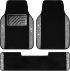 Bling Diamond Car Mats Shining Carpet Crystal Rhinestones Sparkly Glitter Floor Mats with Anti-Slip PVC Heel Pad Universal for Automotive SUV, Sedan, Van, 3pcs for Girl Women, Black Silver