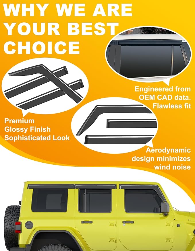 Low-Profile Window Rain Guards Fit for 2018-2026 Wrangler JL 4-Door,4-pcs Rain Guard Side Window Visors Extra-Thick Vent Visor Window Deflectors Tape-on Vent Shades Car Accessories