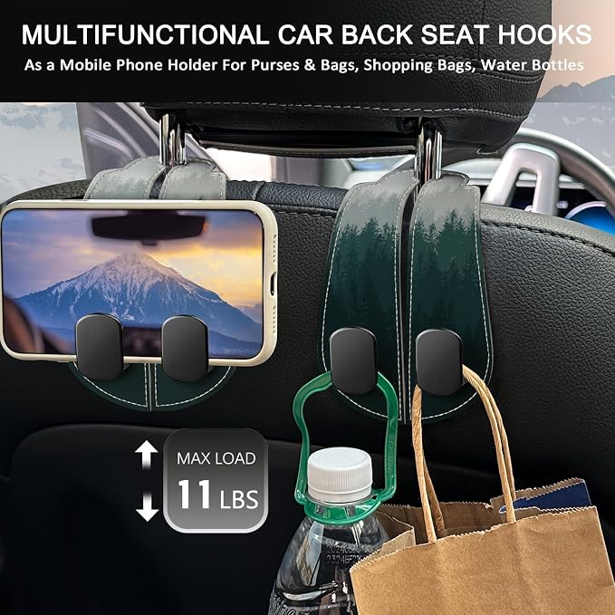 2PCS Car Seat Back Storage Headrest Hooks, Forest Trees Purse Holder Bags Hanger, PU Leather Double Metal Hook for Backseat Organizer, Women Car Accessories Organization