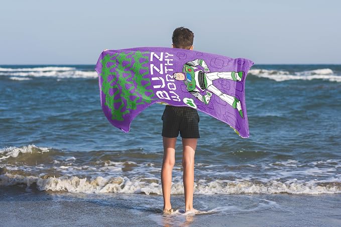 Children Beach Towel - 100% Cotton Super Soft Absorbent Bath Towel, 28" x 58" Inch Lightweight for Travel, Official Licensed Product, Purple - Toy Story Buzz Lightyear