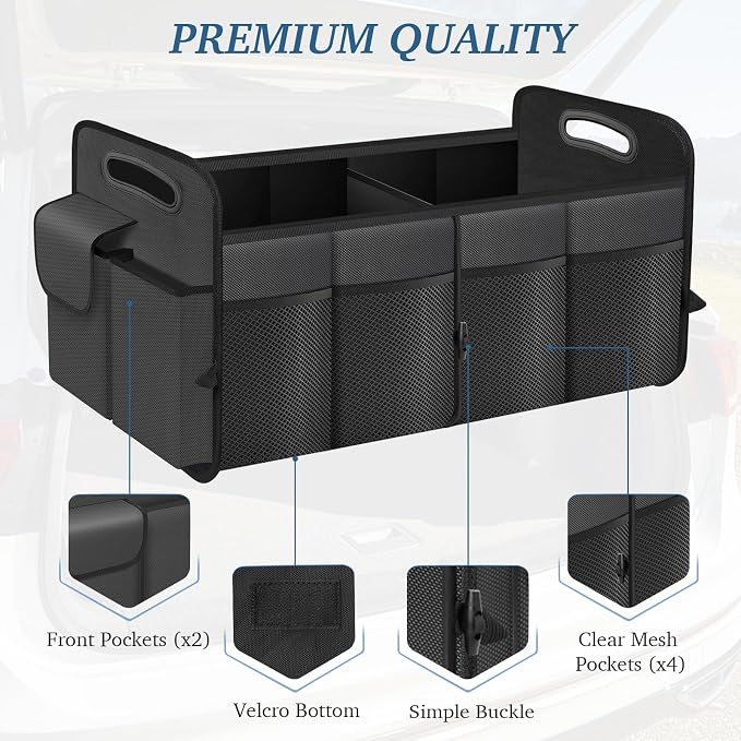 Trunk Organizer, Collapsible Waterproof Multi-Compartment Trunk Organizer for SUVs & Sedans, Car Storage with Reinforced Handles, Car Accessories for Women and Men, 52L