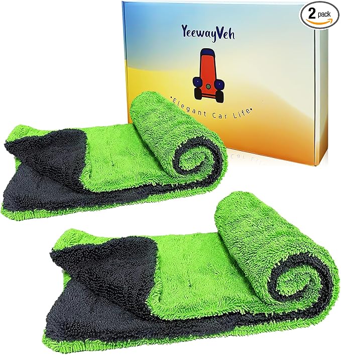 2-Pack 16"x16" Car Detailing Drying Towels, 1400 GSM Microfiber Drying Towels, for Final Water Chasing, Safe Drying of Gaps, Mirrors & Vehicle Interiors, Green
