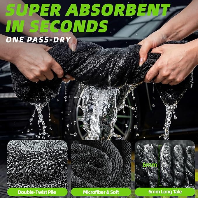 2+1 Pack Car Drying Towels – Microfiber Towels for Cars (36" x 24"), Ultra-Absorbent, Streak-Free, Scratch-Free, No Water Spots, Double-Twist Pile & Edgeless Design, Grey Green