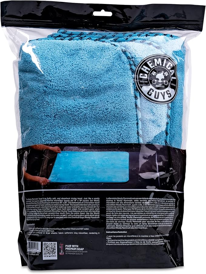 Woolly Mammoth Large Microfiber Drying Towel - 36 x 25 Inch Blue, Ultra Plush Super Absorbent Car Drying Towel for Cars, Trucks, SUVs, Motorcycles, RVs, and Auto Detailing