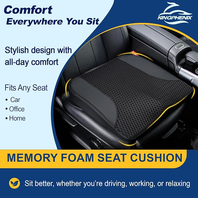 Car Seat Cushion – Memory Foam Pad for Driving Comfort – Boosts Height and Relieves Coccyx & Lower Back Pain – Car, Truck, Office Chair (Leather & 4D Mesh Black)