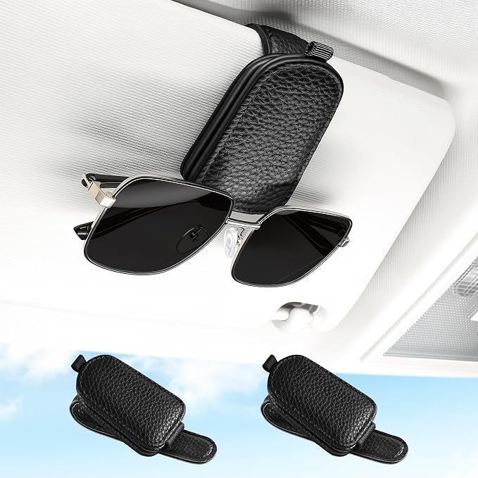 2PCS Sunglasses Holder for Car, Leather Magnetic Buckle Sun Visor Sunglass Clip, Ticket Card Storage Glasses Clip, Car Interior Accessories for Men and Women（Black）