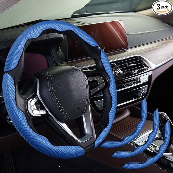 3pcs Car Steering Wheel Cover,Anti-Skid Carbon Fiber Steering Wheel Protector for Men Women,Multiple Color Options,Universal for Most Car Interiors Accessories (Bule 3PCS)