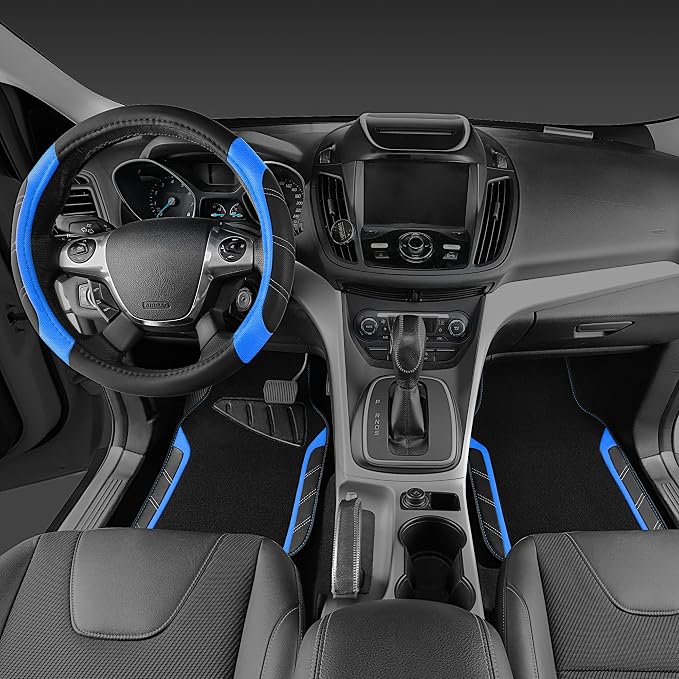 Leather Steering Wheel Cover and Waterproof Car Floor Mats,Microfiber Universal Car Combo Fit for 95% Sedan,SUV,Cars,14.5-15inch Sporty Anti-Slip Safety Comfortable Design(Black＆Blue)