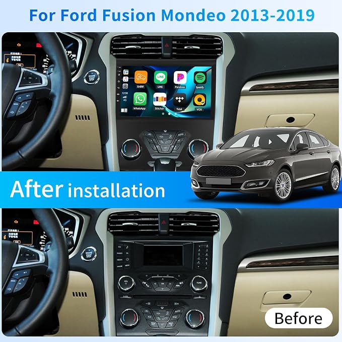 4+64G 8-Core Qualcomm Android 15 Car Stereo for Ford Fusion Mondeo 2013-2019 with Wireless Carplay, 9'' Touchscreen Car Radio with WiFi Mirror Link GPS Bluetooth 5.1 FM RDS DSP EQ SWC