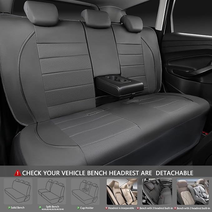 Piping Faux Leather Car Seat Cover Full Set,Grey Breathable Leather Seat Covers for Cars, Airbag Compatible,Universal Fit for SUVs,Van,Sedans,Small Trucks (Full Set, All Gray)