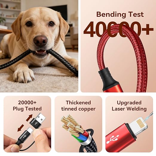 Dual USB-C 4 in 2 Multiple Charging Cable for All Devices with USBC/Lightning/Micro Ports,Type C Cable iPhone Charger Cord,Travel Car Charger for iPhone Series,Android,iPad,Kindle,PS - 2Pack/6Ft