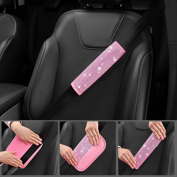 Bling Pink Car Accessories Set for Women, Sparkly Rhinestone Diamond Steering Wheel Cover Seat Belt Cushion Glitter Shift Knob Cover Car Cup Holder Coaster Cute Interior Sets, Pink 22 PCS
