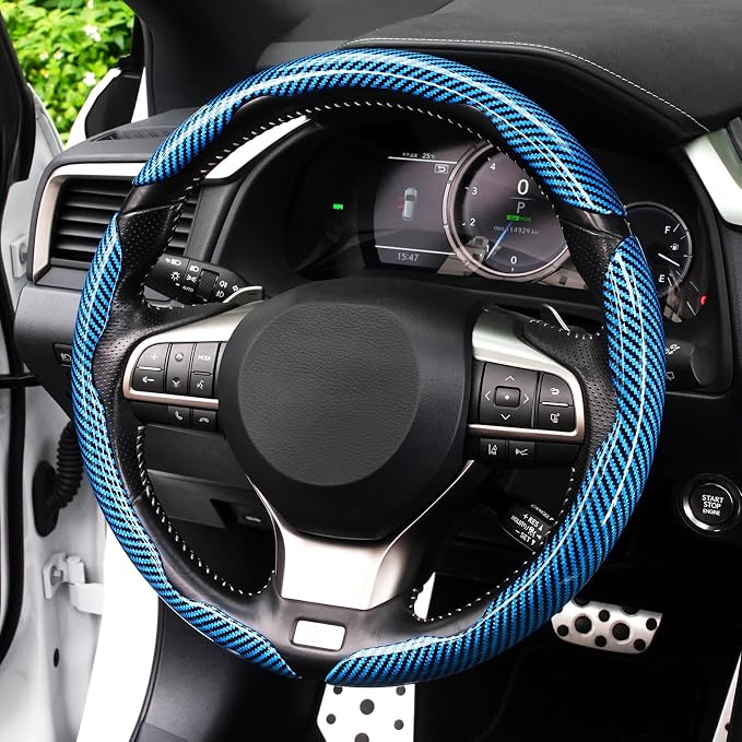 3pcs Carbon Fiber Anti-Skid Steering Wheel Cover, Waterproof Design, Universal Fit for 14-16 Inch Car Wheel Cover, Interior Car Accessories for Jeeps, SUVs, Trucks (Glossy Blue)