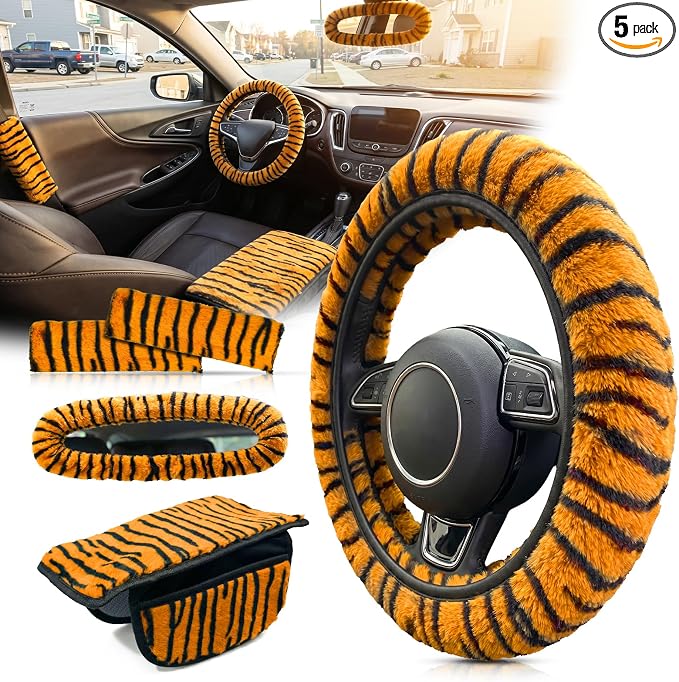 5 Pcs Fuzzy Animal Print Car Accessories Set, Soft Fluffy Plush Steering Wheel Cover, Center Console Armrest Pad & Rearview Mirror Cover - Interior Decorations for Women,Universal Fit (Tiger Print)