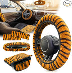 5 Pcs Fuzzy Animal Print Car Accessories Set, Soft Fluffy Plush Steering Wheel Cover, Center Console Armrest Pad & Rearview Mirror Cover - Interior Decorations for Women,Universal Fit (Tiger Print)