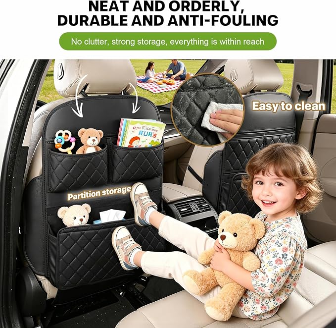 Seat Back Protectors for Kids Car Kick Mats with Large Pocket Organizer Waterproof Dustproof Anti-Scratch Front Seat Back Cover Fits Most Vehicles 2PCS