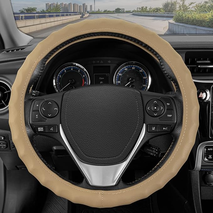 Genuine Beige Leather Steering Wheel Cover for Car, Medium (14.5" - 15.5") – Ergonomic Comfort Grip for Men & Women, Universal Fit Car Steering Wheel Cover for Most Vehicles