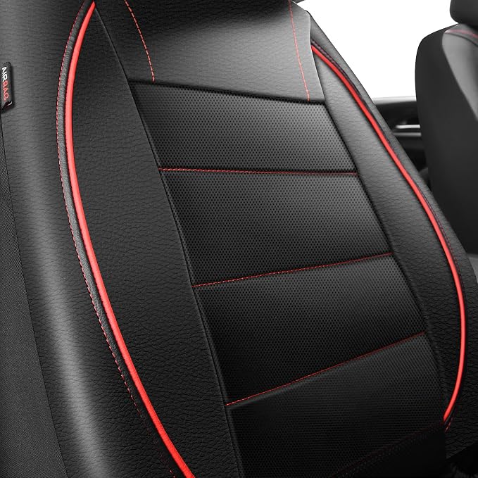 Universal FIT Piping Leather Two Front Seat Covers, Waterproof Faux Leather for SUV Sedan Van Truck, Airbag Compatible,Reserved Opening Holes for Headrest Covers. (Black red)