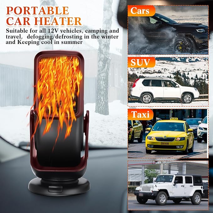 3 Pcs Car Heater & Defogger 12v 150w Rapid Windshield Defroster Portable Auto Fan Heater Plug in Cigarette Lighter 2 in 1 Fast Heating or Cooling with 360 Degree Suction(Black Red)