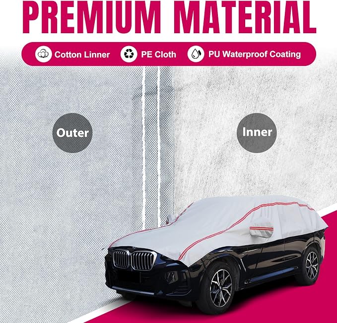 Half Car Cover for Snow, Hail Car Cover with Cotton Liner, Sunroof & Windshield Cover for Ice and Snow, All Weather Car Body Cover for Sun, Rain, Dust, Fit SUV L
