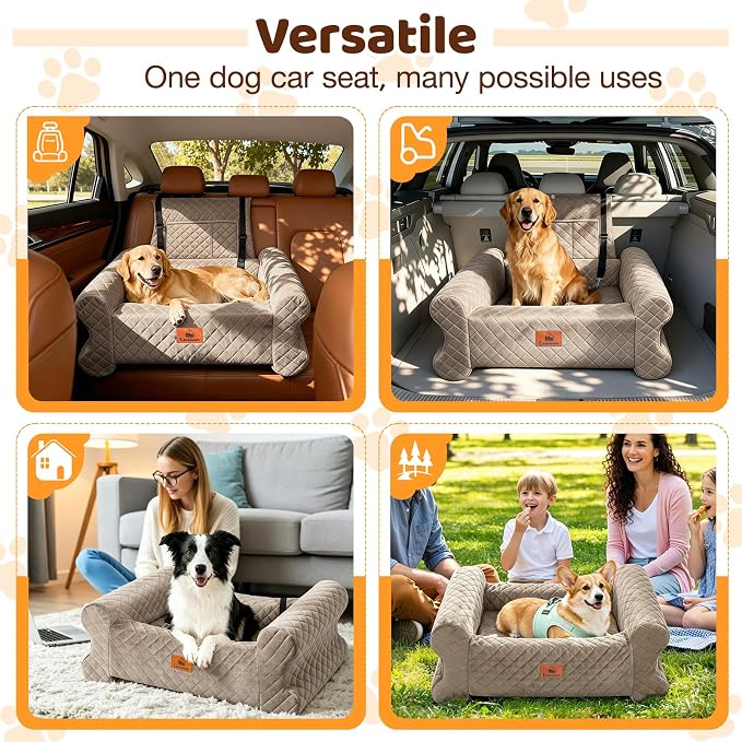 Dog Car Seat for Medium/Large Dogs up to 60 lbs, Memory Foam Dog Booster Seat with Thick Cushion, Pet Car Seat for Back with Detachable Washable Cover, Storage Pockets for SUV, Pick Up, Trunk, Khaki