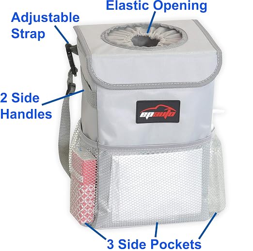 Waterproof Car Trash Can with Lid and Pockets, 2.5 Gal, Gray | Leakproof, Collapsible Multipurpose Car Bin with 3 Side Storage Pockets, Adjustable Straps