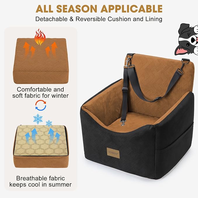 Dog Car Seats for Small Medium Dogs Under 35lbs, Dog Booster Seat with Detachable Washable Cover and Cushion, Memory Foam Pet Car Seat with Safety Belt and Storage Pockets (Brown)