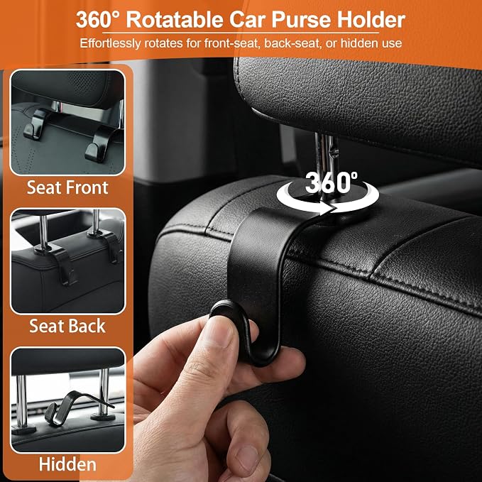 Purse Hook for Car 4 Pack, Deep Anti-Drop Car Seat Hooks for Headrest, Thick ABS Plastic Holds 55 Lbs, Heavy Duty Car Purse Holder & Car Accessories Interior for Handbags, Car Organizer Black