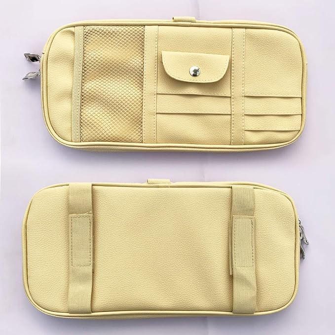 Car Sun Visor Organizer, Multi-Pocket Visor Organizer Storage Pouch for Cars, SUVs & Trucks with Double Zippers, Elastic Bands & Glasses Clip- Organizes Essentials Keep Tidy (Beige Light Yellow)
