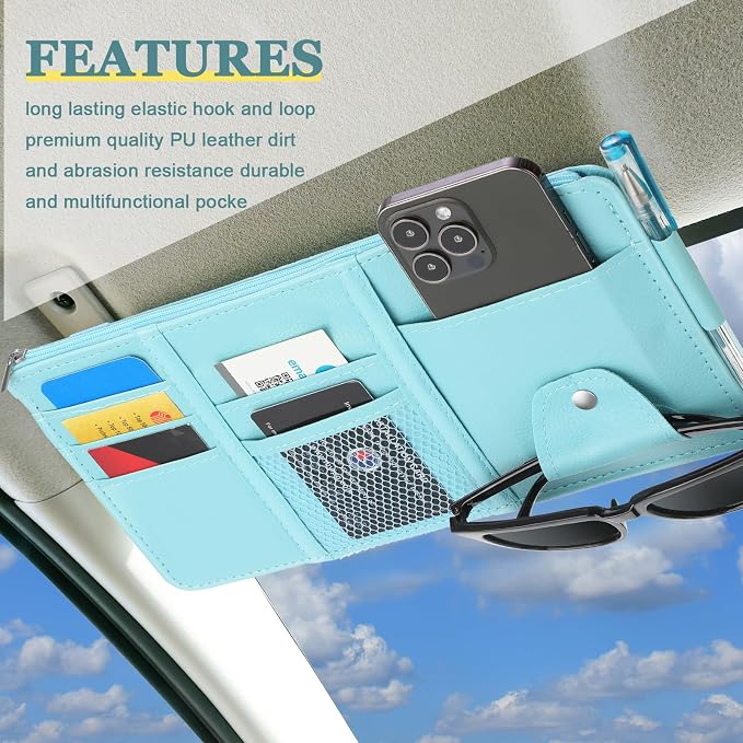 2 Packs Car Sun Visor Organizer, Sunglasses Holders for Car Sun Visor PU Auto Interior Accessories Storage Travel Document Holder with Multi Pocket (Blue, 12.2 x 6.1 Inches)