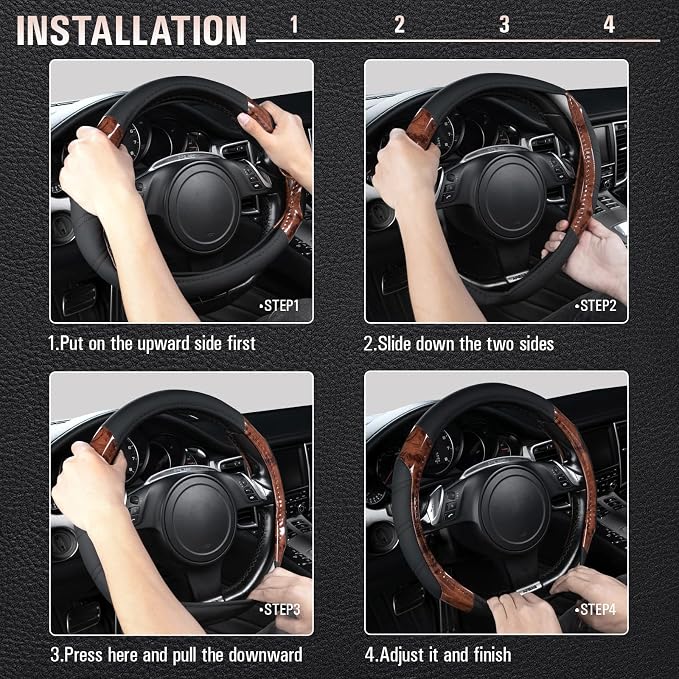 Wood Grain Microfiber Leather Sporty 14.5-15 inch Steering Wheel Cover Universal Fits for 95% Truck,SUV,Cars, Anti-Slip Safety Comfortable Design (Black Wood Grain)