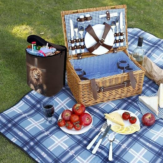 Lion Cross Print Car Trash Can with Lid, Leak Proof Auto Trash Bag Hanging Vehicle Garbage Can Multipurpose Storage Container for Back Seat Road Trip
