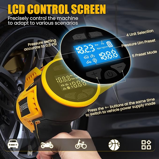Cordless Tire Inflator Portable Air Compressor with 2000mAh Battery, 160PSI Car Tire Pump with 12V DC Dual Power & 2.0Ah Battery, Digital LCD & Auto Shut-Off for Car Bike Ball