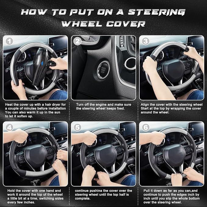 Car Steering Wheel Cover for F-150 Tundra Range Rover 15.5-16 inch, Auto Interior Accessories, Black with Sliver Carbon Fiber Pattern